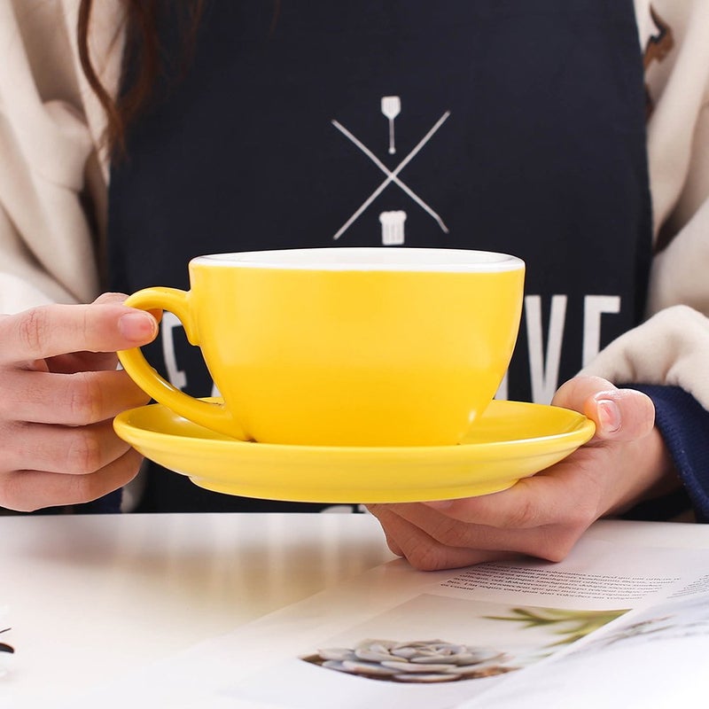 Coffeezone Latte Art Cappuccino Barista Cup and Saucer, New Bone China (Matte Yellow, 10.5 oz) - Image 2